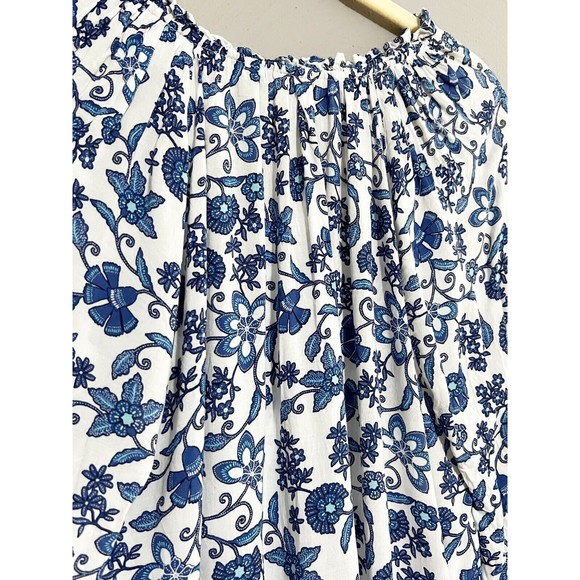 Gap Womens Blue White Floral Ruffle Neck Blouse Long Sleeve Rayon V-Neck Large - Picture 6 of 12